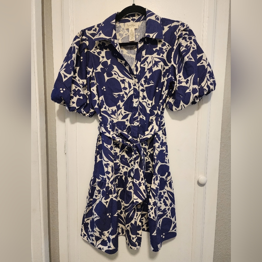 Jessica Simpson Blue and White Puff Sleeve Floral Sundress